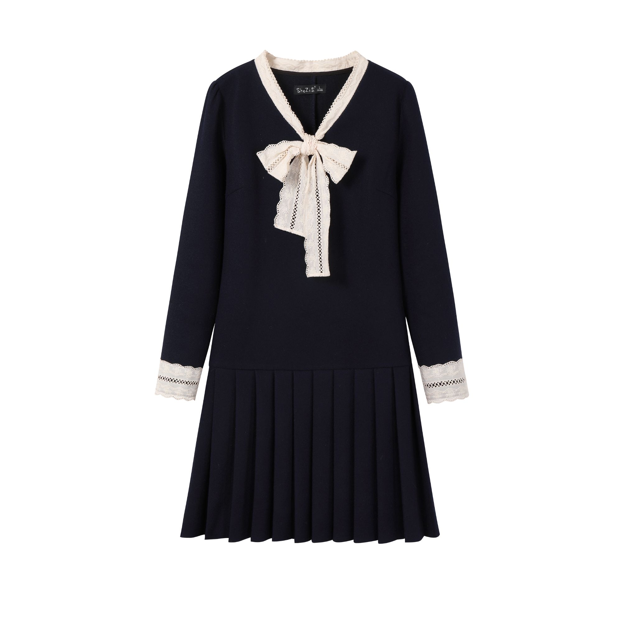 奢姿大码女装2025冬季时尚蕾丝设计百褶连衣裙胖妹妹气质减龄长裙