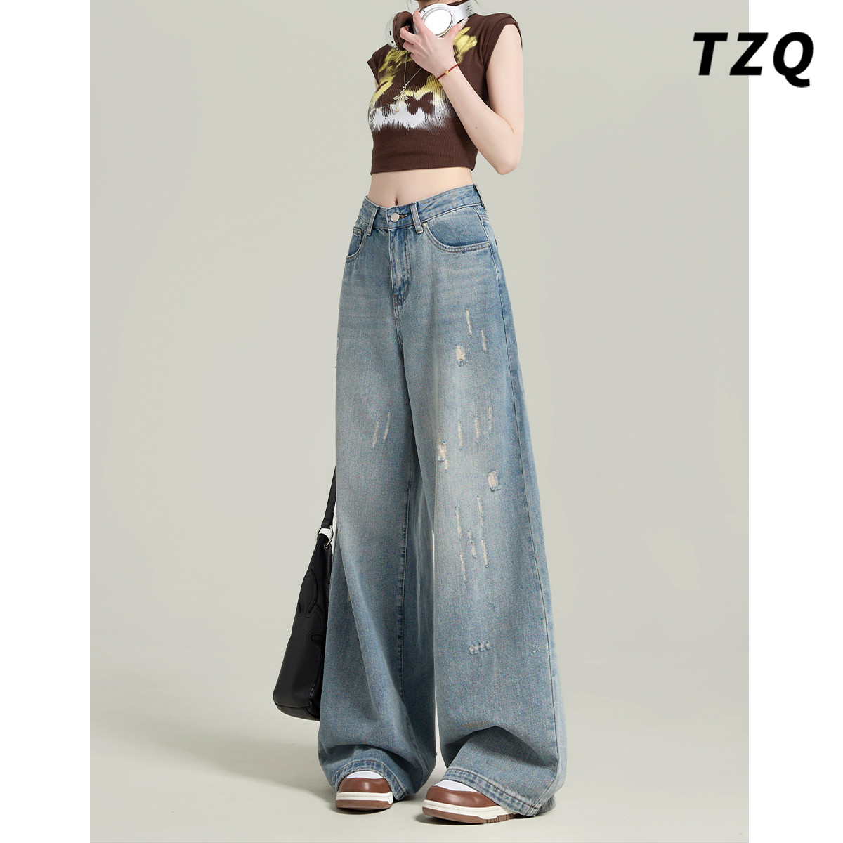 浅色破洞牛仔裤女款爆款2025新款秋季厚款高腰显瘦宽松阔腿裤子