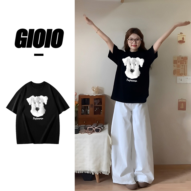 GIOIO夏季新款可爱卡通印花纯棉短袖t恤女设计感百搭显瘦圆领上衣