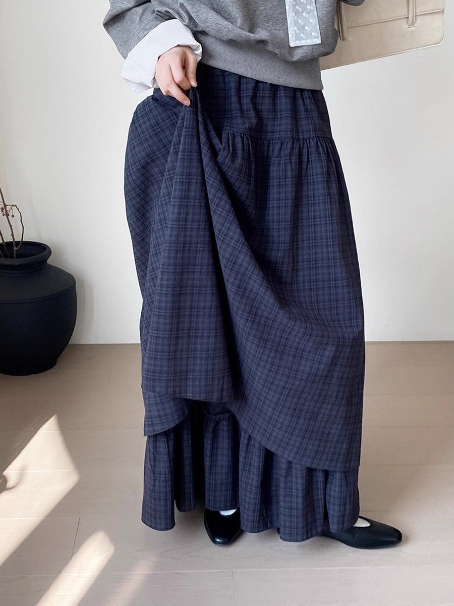 秋季韩系蓝色格子垂坠感半身裙双层拼接艺术生半裙百褶时尚高腰