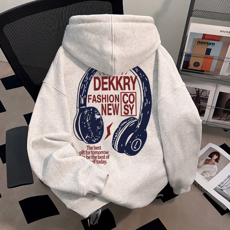 Dekkry潮流白灰色创意耳机字母印花秋冬连帽卫衣男女保暖加厚帽衫