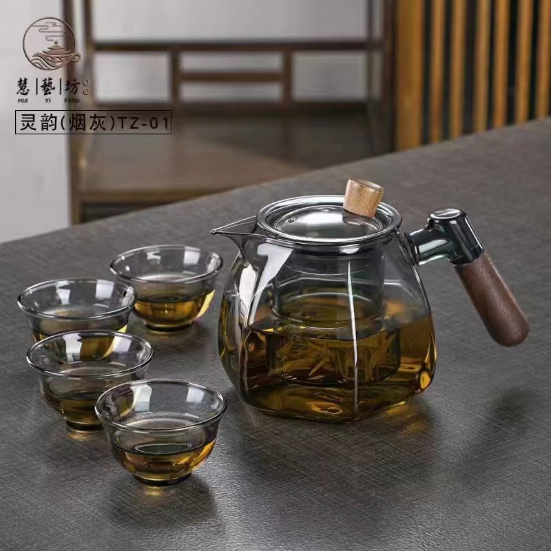 加厚煮泡茶壶玻璃耐高温茶水分离烧水壶煮茶电陶炉防烫木把侧把壶