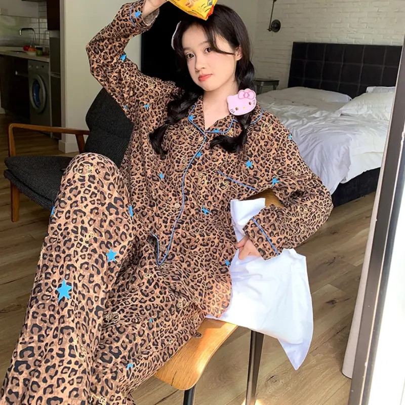 【长袖棕色豹纹kitty猫】春秋甜酷豹纹长裤韩版云朵绵睡衣家居服