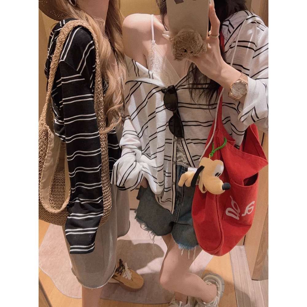 莱赛尔时尚条纹连帽开衫薄款女夏季2025新款宽松休闲显瘦上衣T恤