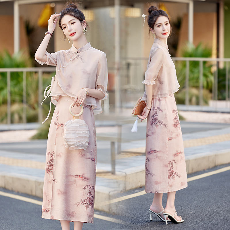 新中式复古连衣裙女2025夏季新款优雅气质盘扣旗袍半身裙两件套