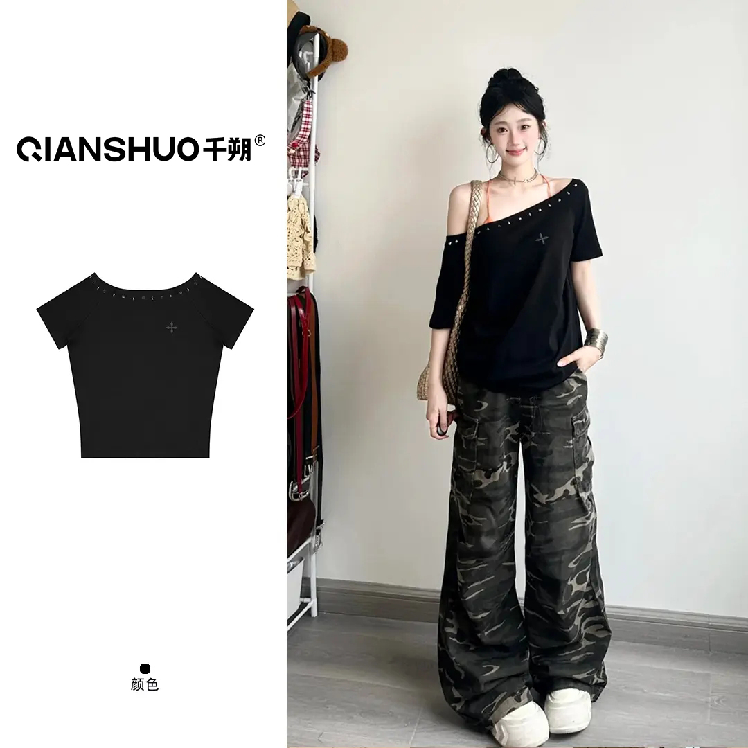 千朔铆钉款韩系辣妹穿搭慵懒风斜肩短袖t恤女设计感宽松百搭上衣
