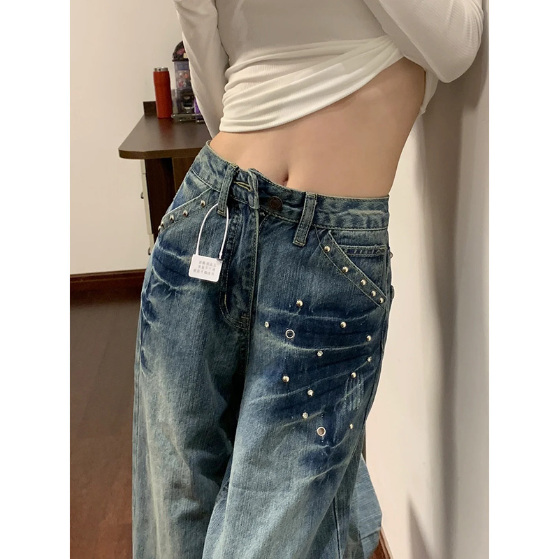 加绒铆钉肌理感阔腿牛仔裤女2025秋冬竹节纹设计感宽松显瘦拖地裤