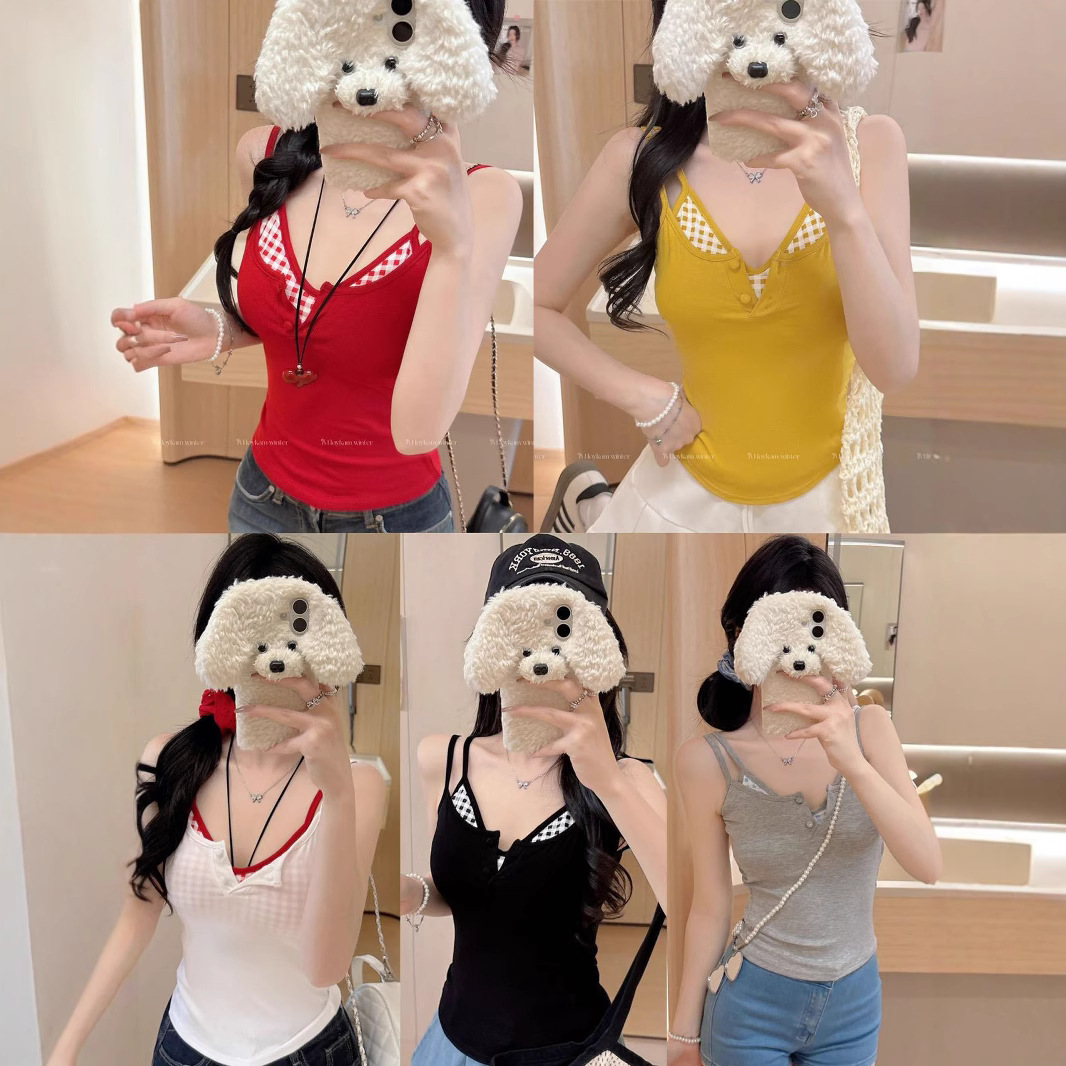 夏季新款假两件纽扣百搭拼接格子一体式带胸垫无袖吊带背心女外穿