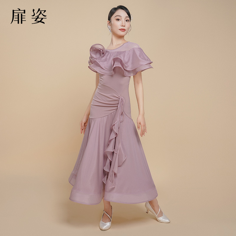 扉姿 新款摩登舞裙女洋气华尔兹交谊舞裙短袖大摆跳舞连衣裙F3051