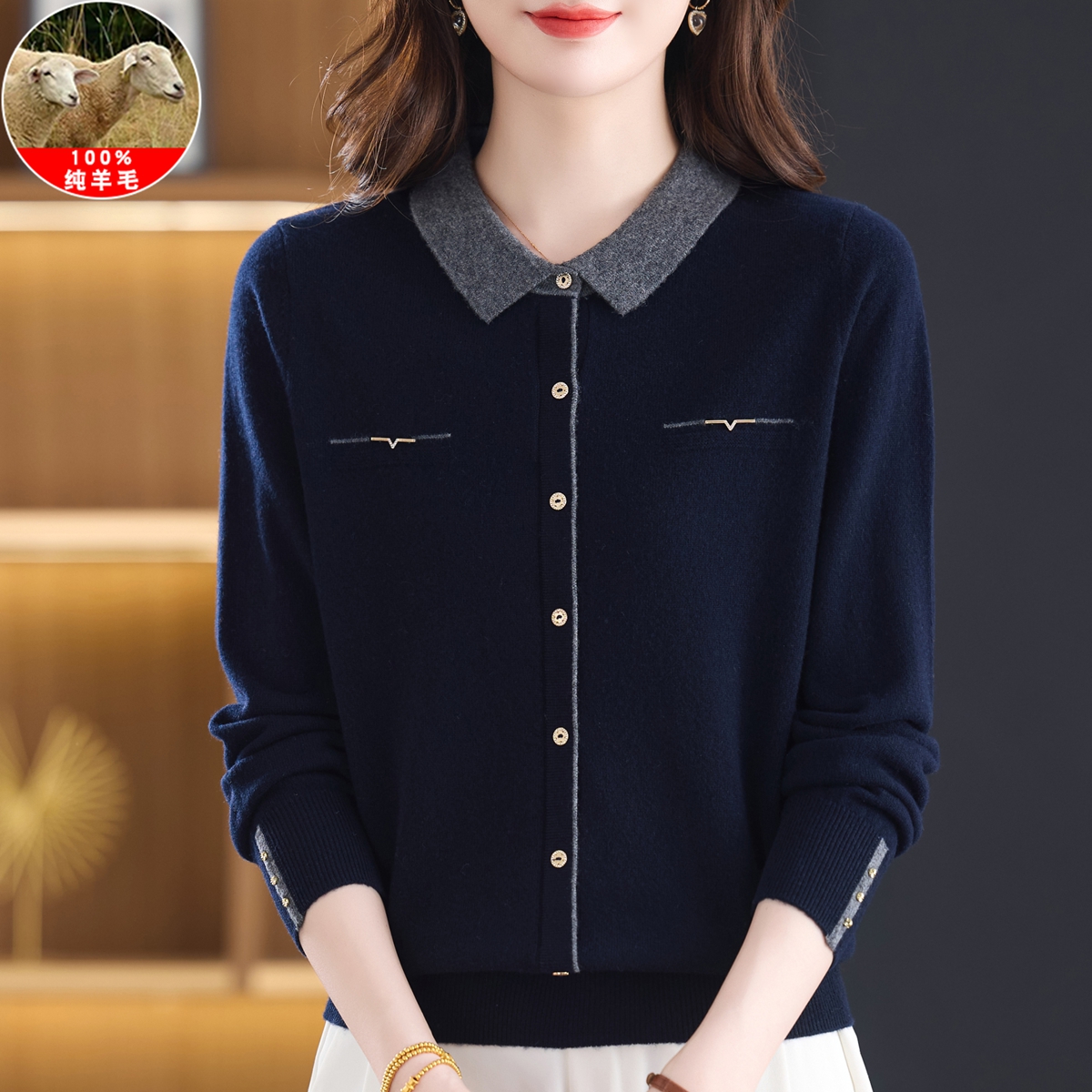 中年女士秋冬新款翻领100%绵羊毛假开衫高档时尚妈妈装针织羊毛衫