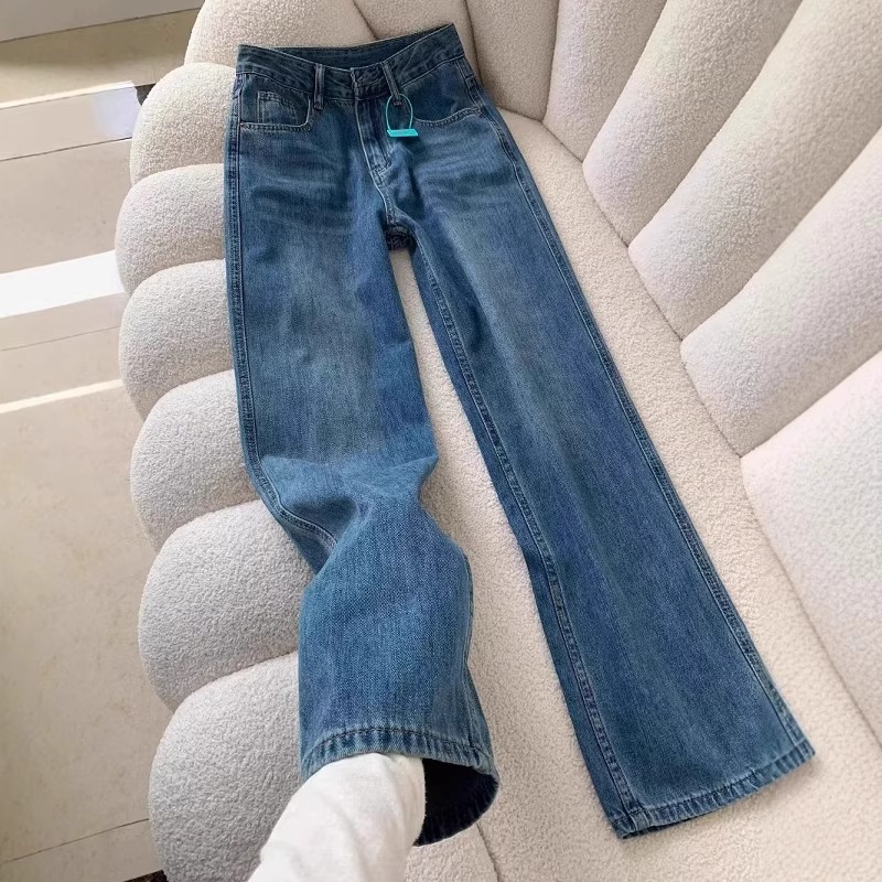 复古莱赛尔天丝窄版阔腿牛仔裤女夏季2025新款高腰显瘦直筒拖地裤