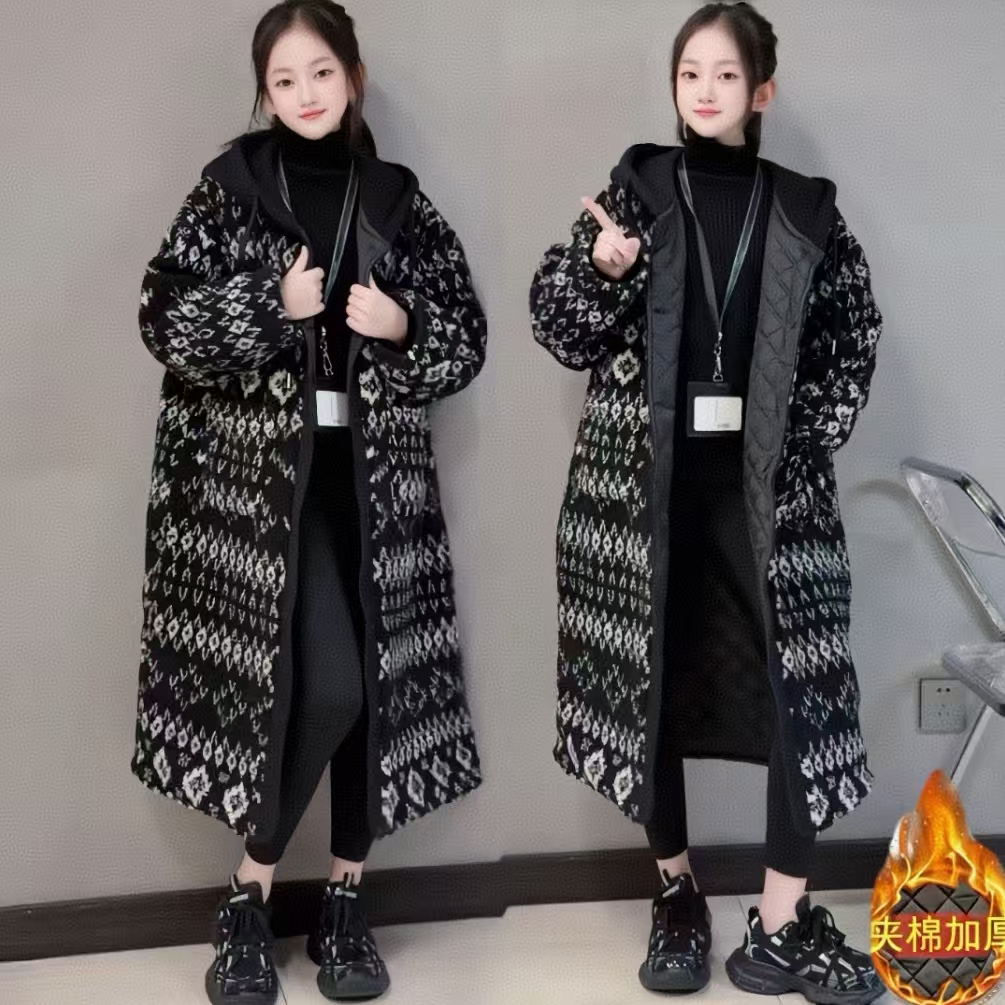 欧货连帽长款棉服加厚外套女童冬季2025新款氛围感加厚夹棉大衣