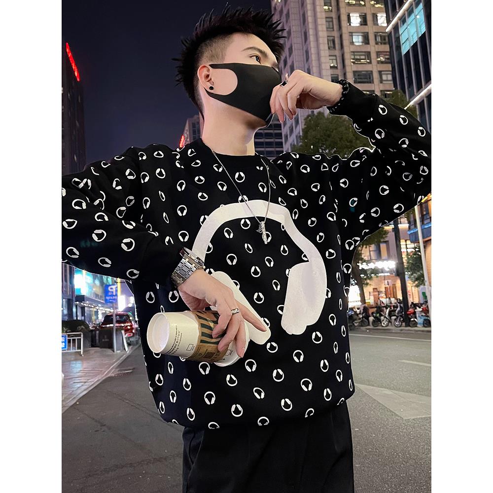 灏吉弧印花卫衣休闲男春秋季男士长袖打底衫2025新款痞帅男装上衣