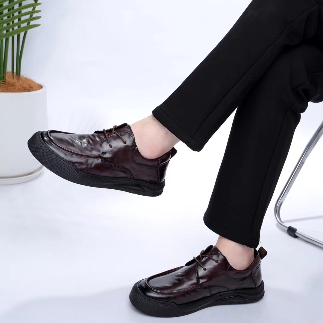 休闲皮鞋固特异商务时尚年轻人男款皮鞋平底系带黑色男士百搭秋季