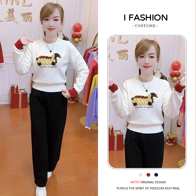 韩系可爱卡通小狗圆领针织衫女2025秋冬新款减龄气质修身显瘦上衣