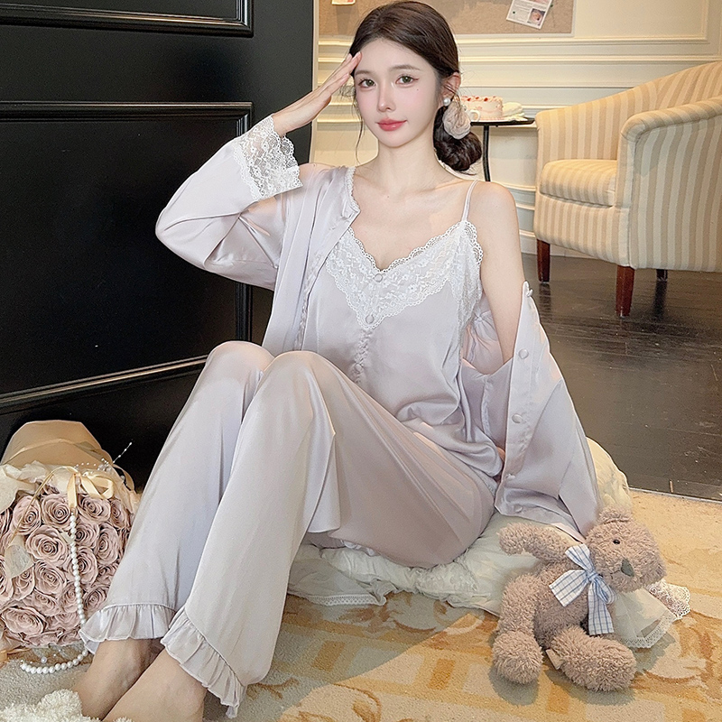 冰丝睡衣女款三件套2025年新款春季纯欲风带胸垫蕾丝甜美家居服夏