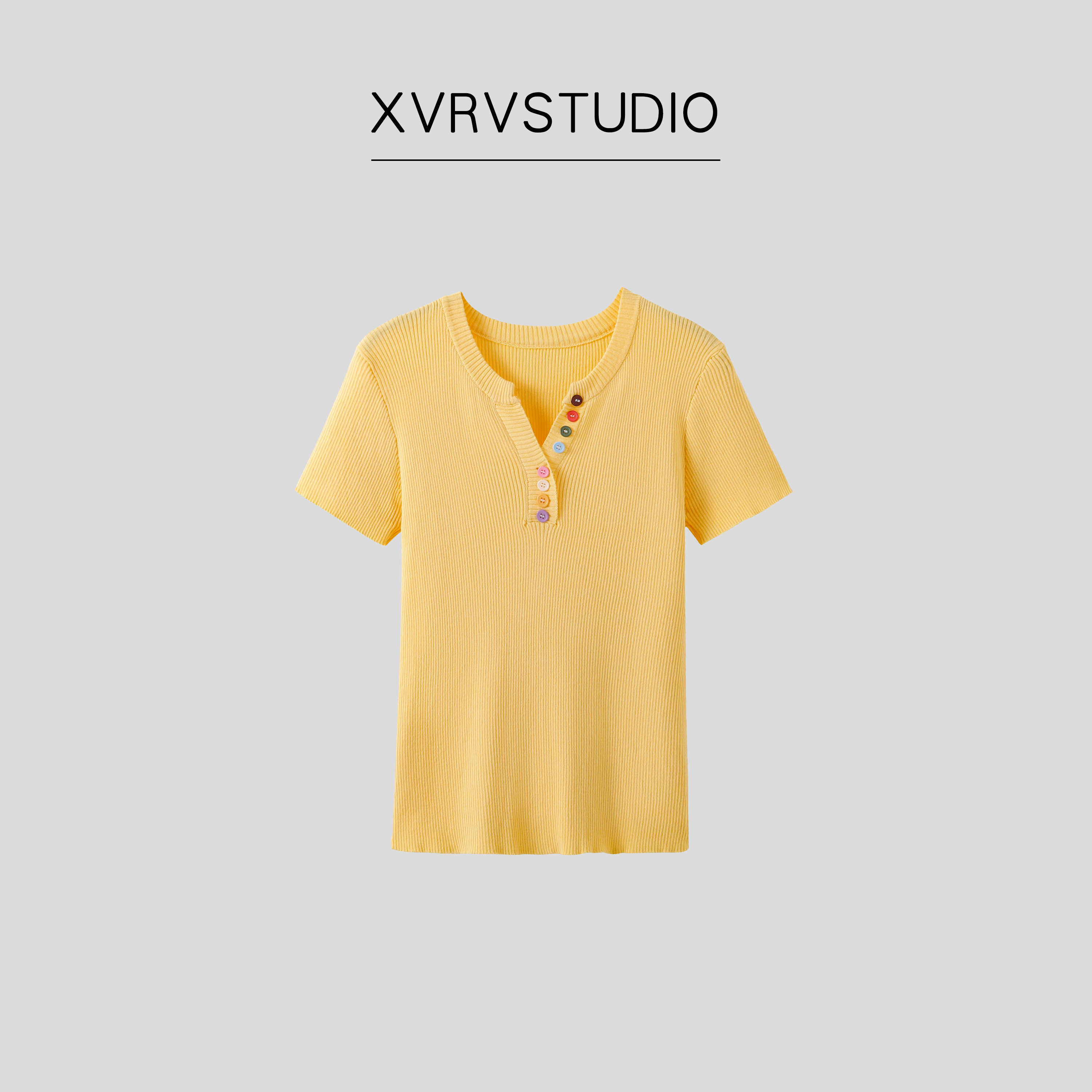 XVRV【夏上新】25彩色纽扣v领针织衫短袖女t恤修身短款针织衫上衣