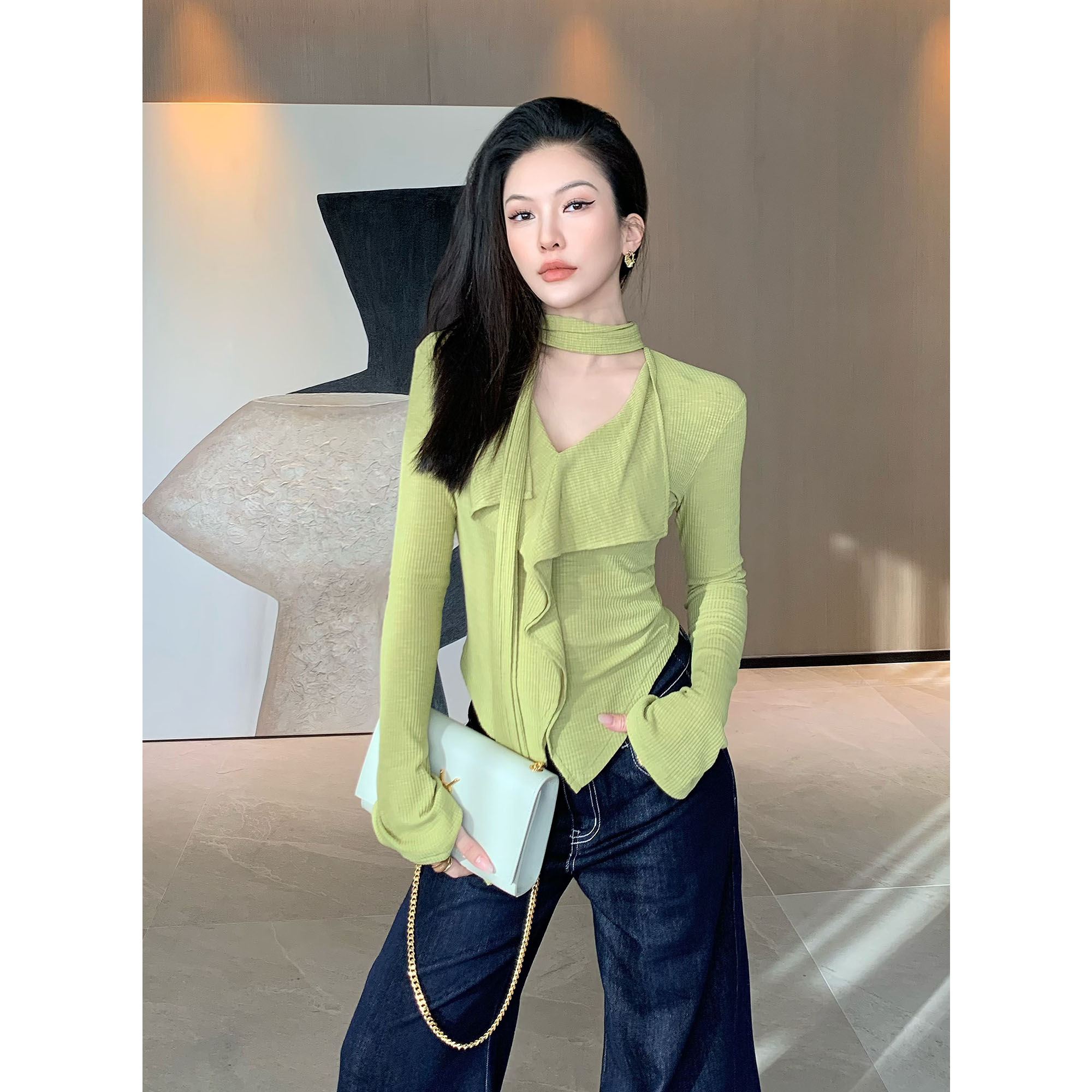 JIJINQI【现货】设计V领针织衫新款简约百搭慵懒长袖女JD09SZXL1016