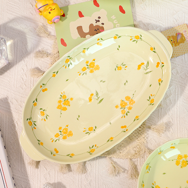 直播间专属价链接：油菜花系列12英寸双耳大鱼盘家用陶瓷个性盘子