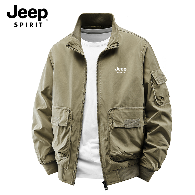 Jeep吉普春秋外套夹克男休闲立领宽松大码潮流工装男士多口袋茄克
