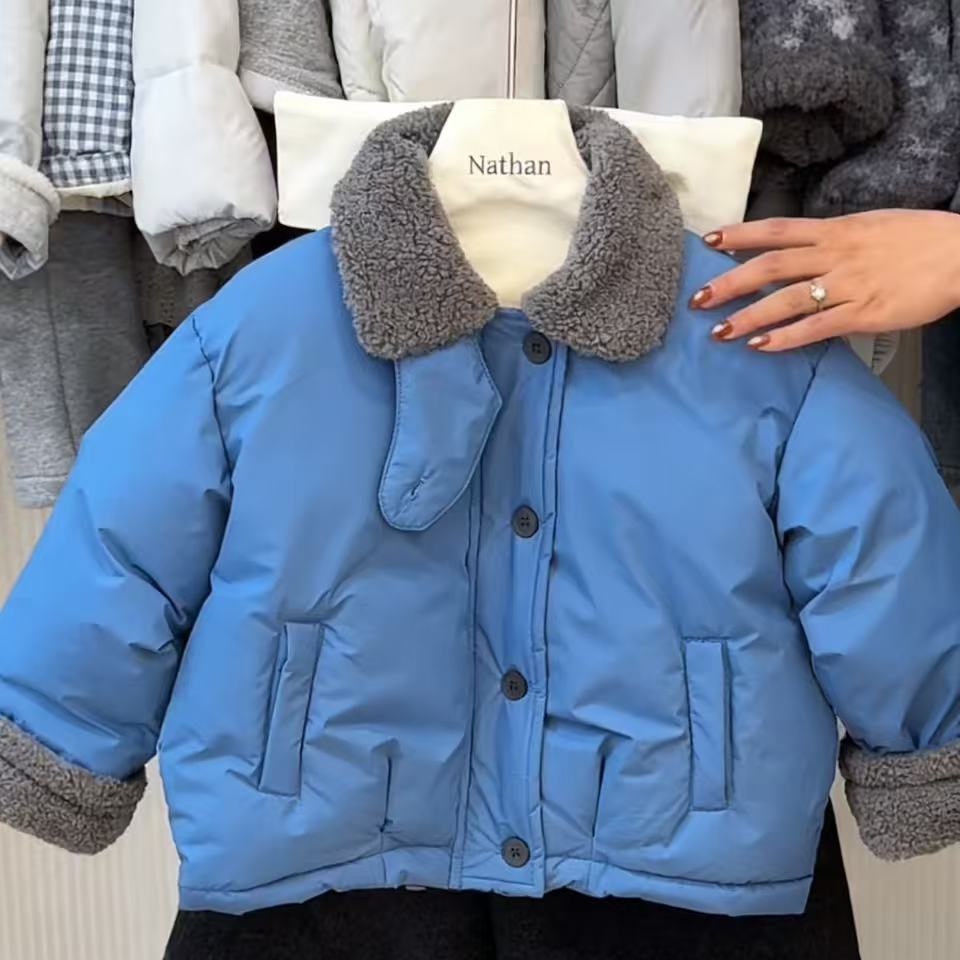 儿童冬款棉服2025新款保暖男宝宝洋气棉衣加绒男女童外套翻领蓝色