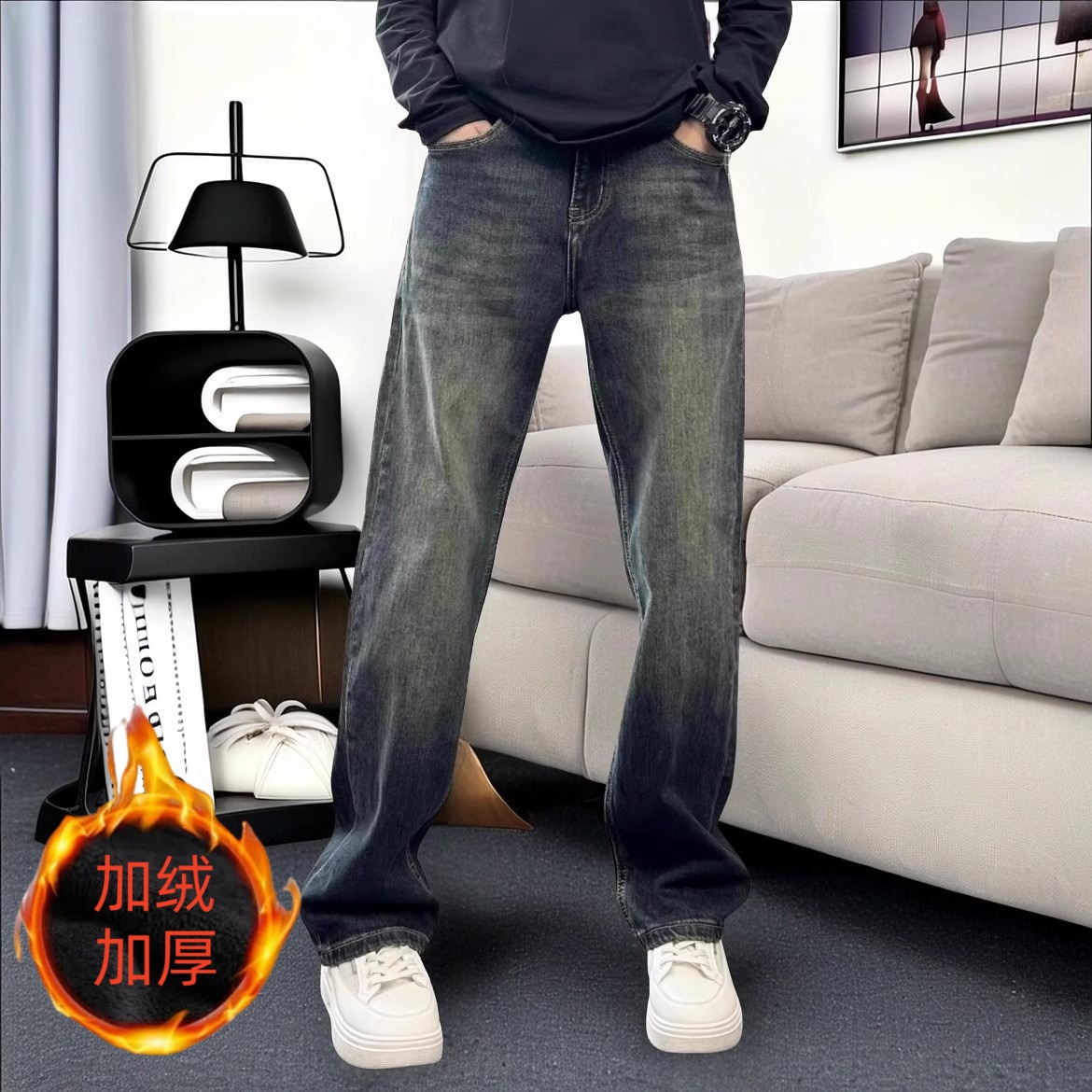 秋冬新款加绒美式高街复古水洗牛仔裤男宽松直筒休闲百搭潮流长裤