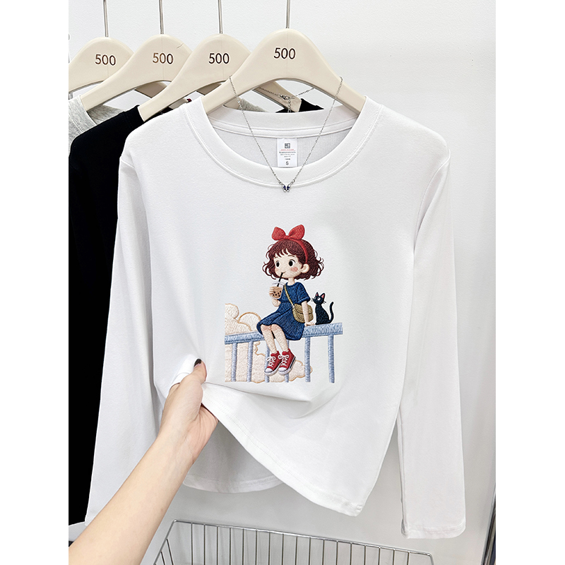 洋气小女孩圆领正肩长袖t恤女秋冬季韩版时尚大码胖mm打底衫上衣