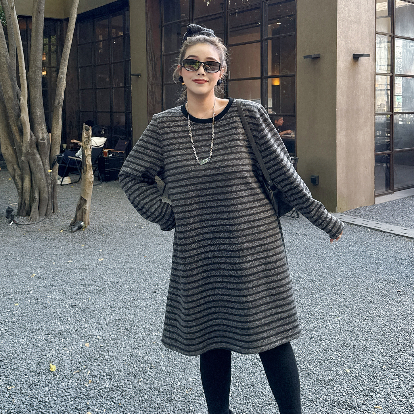 媛子大码条纹连衣裙冬季新款宽松百搭胖mm遮肉显瘦通勤气质女装