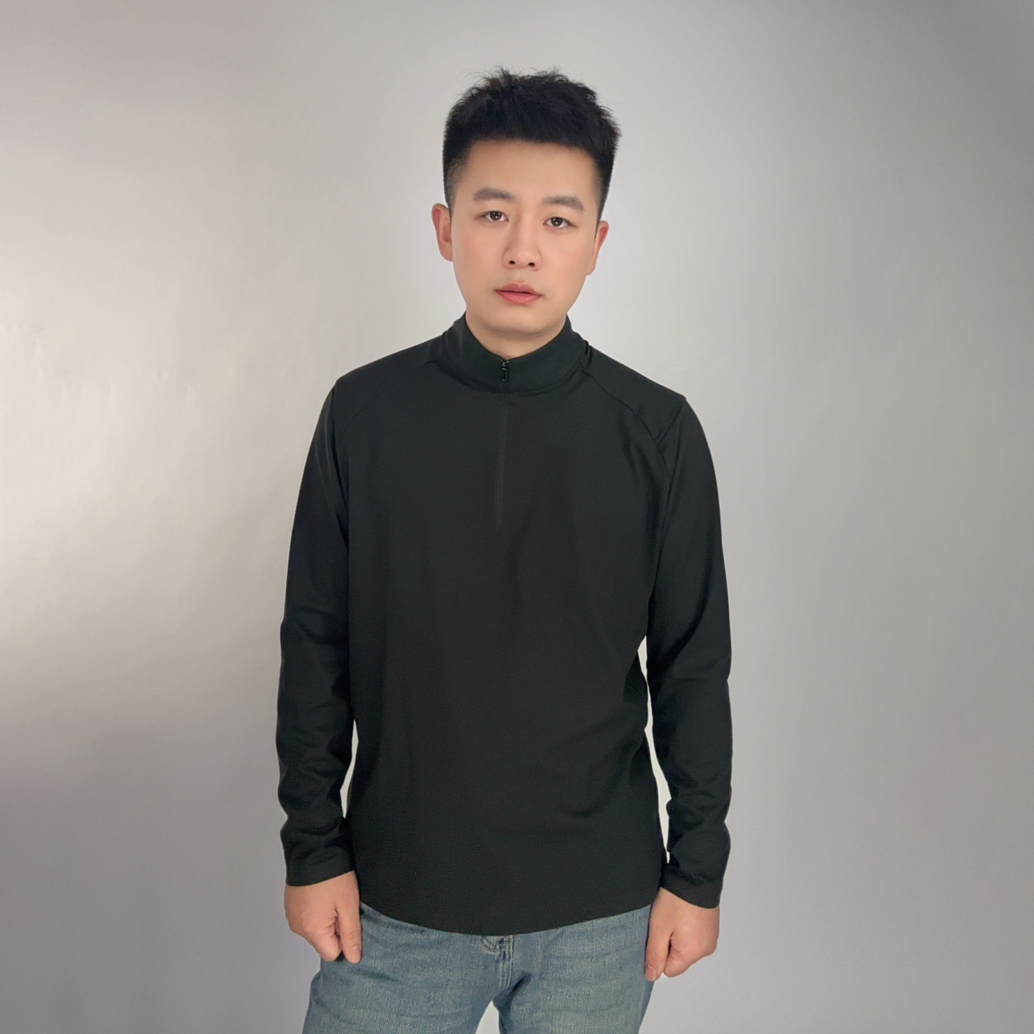 LW秋冬新款内搭立领半拉链长袖加绒男士T恤弹力透气保暖打底衫男