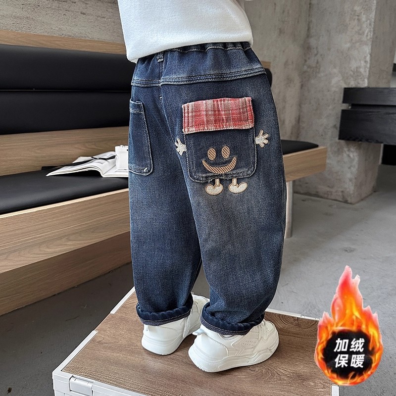 男童加绒裤子秋冬款2025新款儿童洋气一体绒牛仔裤宝宝冬装休闲裤