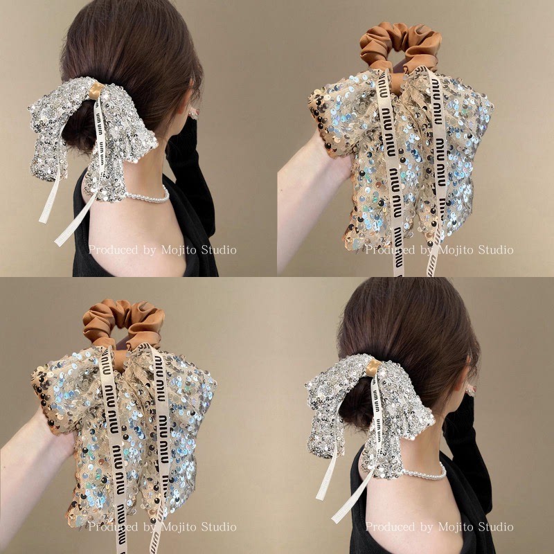 出逃晚会~咖色亮片蝴蝶结发圈韩国飘带大肠发圈高级感气质头绳女