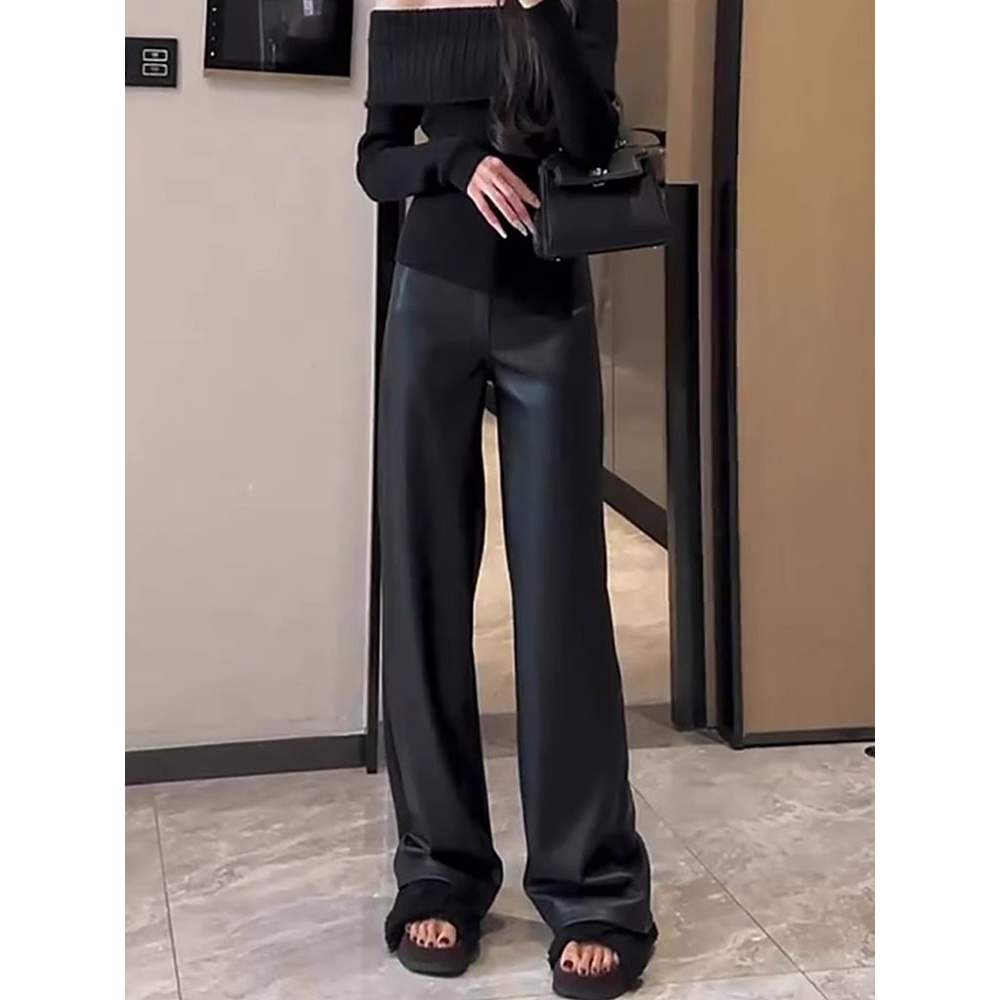 窄版黑色pu哑光皮裤阔腿裤女秋冬新款高级感高腰垂感拖地直筒裤子