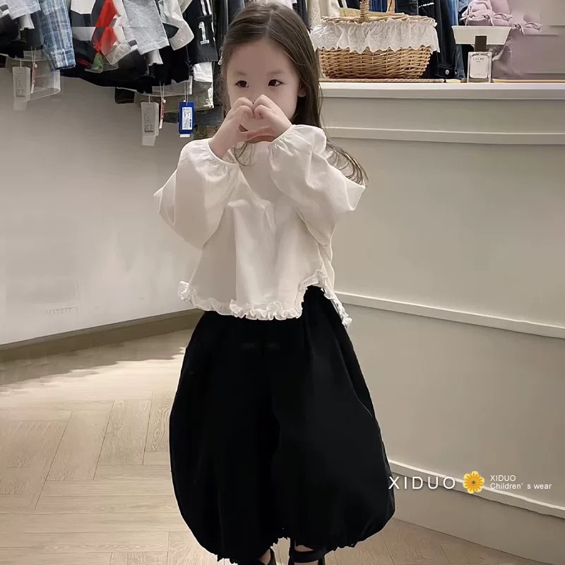 韩国套装女童泡泡袖衬衫2025新款儿童花边娃娃衫宝宝上衣+裤子