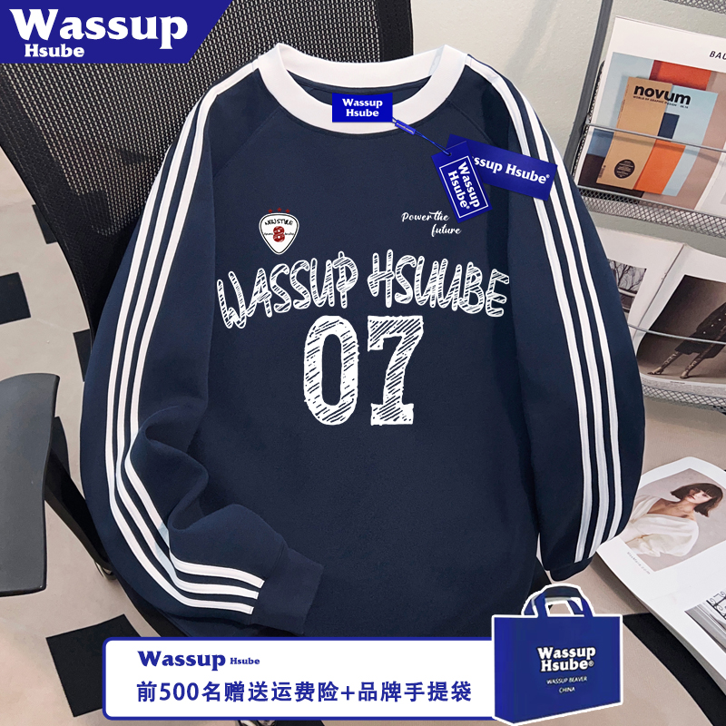 WASSUP HSUBE美式字母印花纯棉长袖ins秋季复古T恤男女三条杠上衣