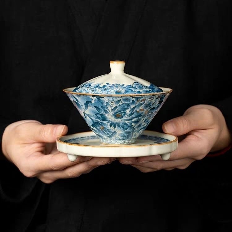 米黄汝窑金万花斗笠三才盖碗茶杯单个高档防烫带盖开片可养泡茶碗