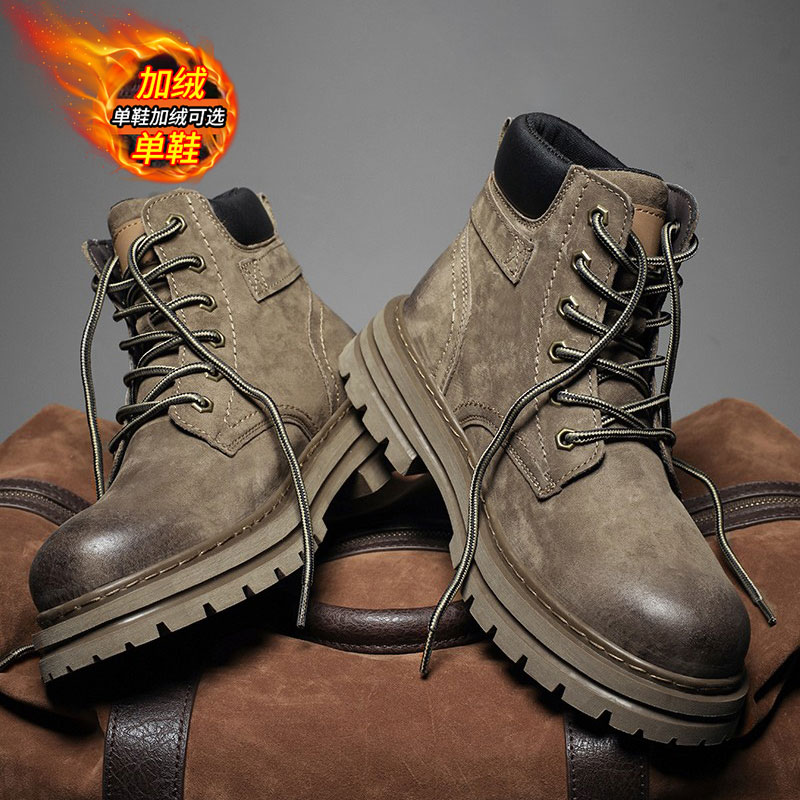 头层牛皮马丁靴鞋子男沙漠工装鞋冬季加绒棉鞋英伦皮鞋高帮雪地靴