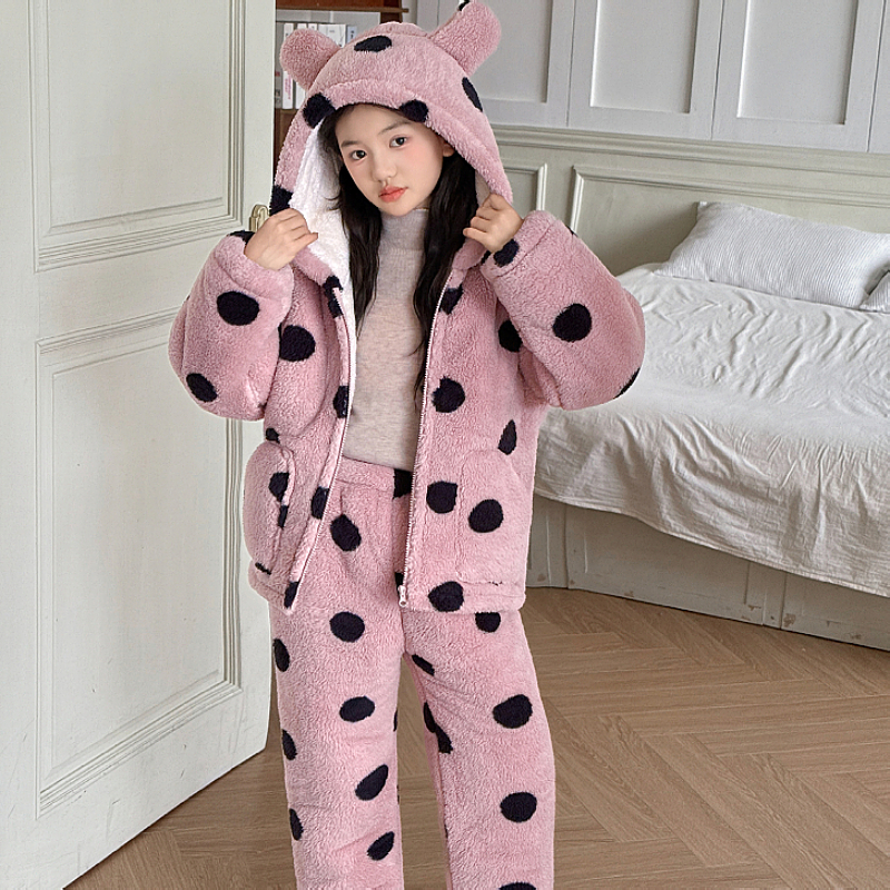2025爆款冬季女童三层加绒加厚睡衣女孩大童3-16岁保暖家居服套装