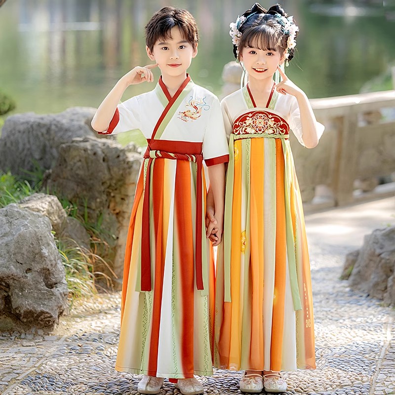 汉服男童2025新款国学服女童国风儿童古装短袖套装演出服夏季唐装