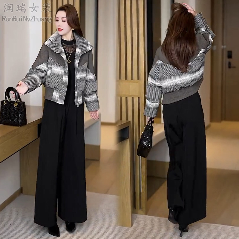 条纹厚款气质短款宽松棉服女2025冬季新款韩版小个子保暖棉衣通勤