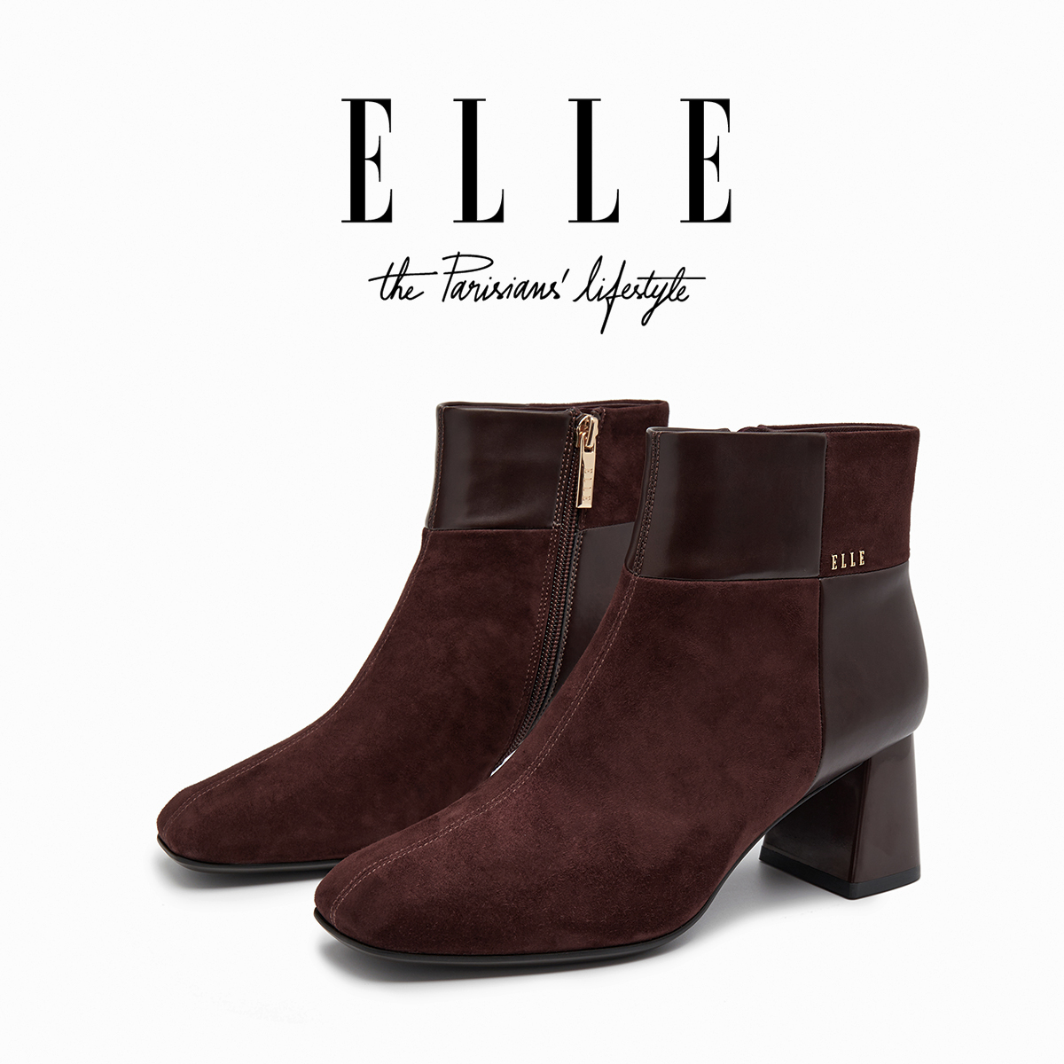 ELLE时尚款百搭小方头短靴小个子增高真皮舒适粗跟软底不累脚女靴