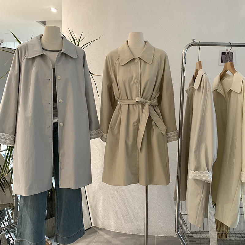 中长款袖口实拍单排扣长袖外套蕾丝花边拼接2486翻领风衣