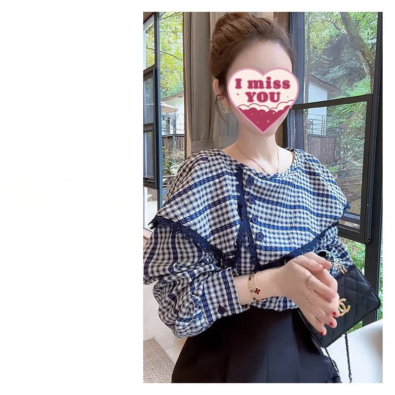 秋季新款时尚韩系洋气格纹设计感不规则翻领气质长袖衬衫格子003