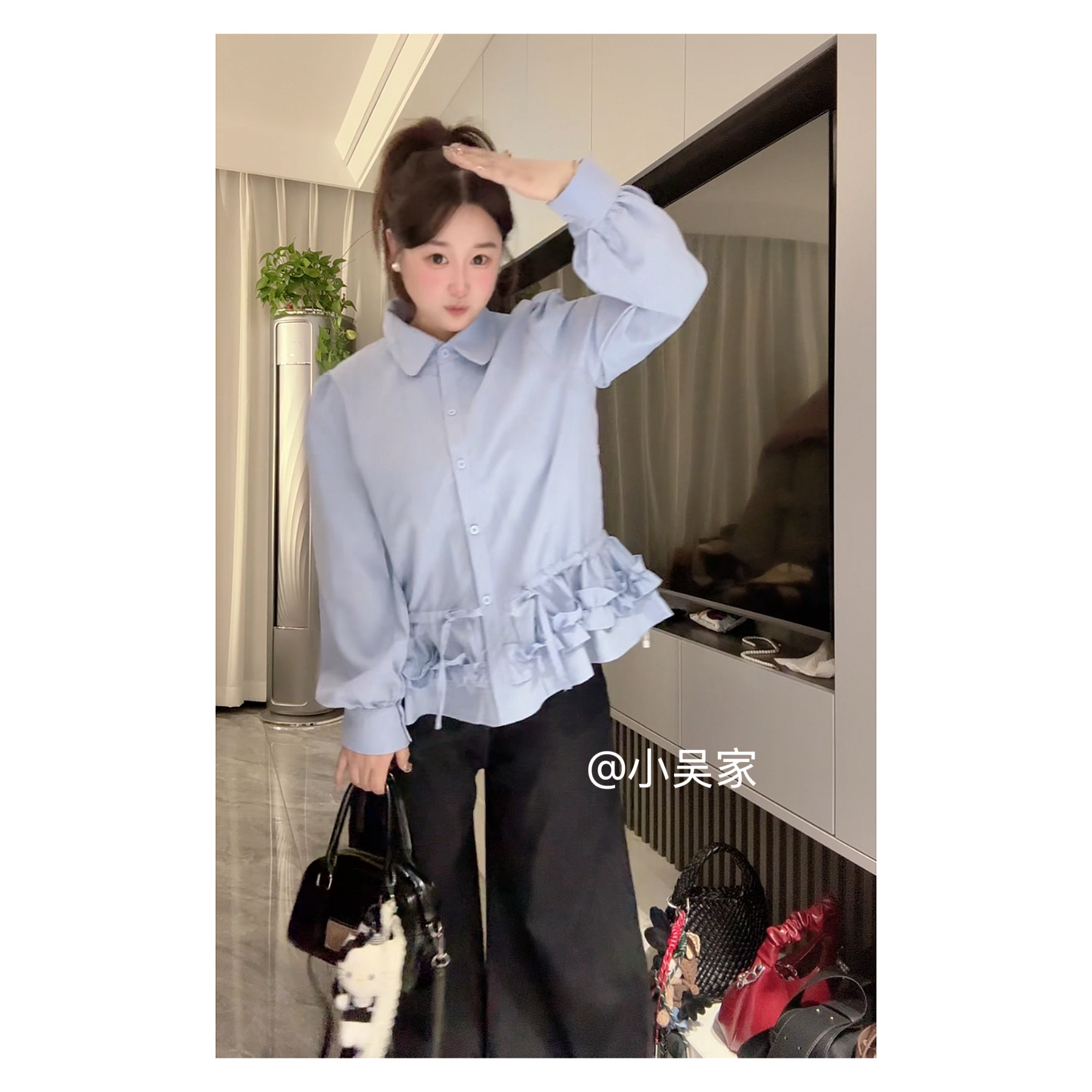 「小吴家」韩系高级感褶皱花边下摆衬衫女秋冬新款上衣洋气衬衣女