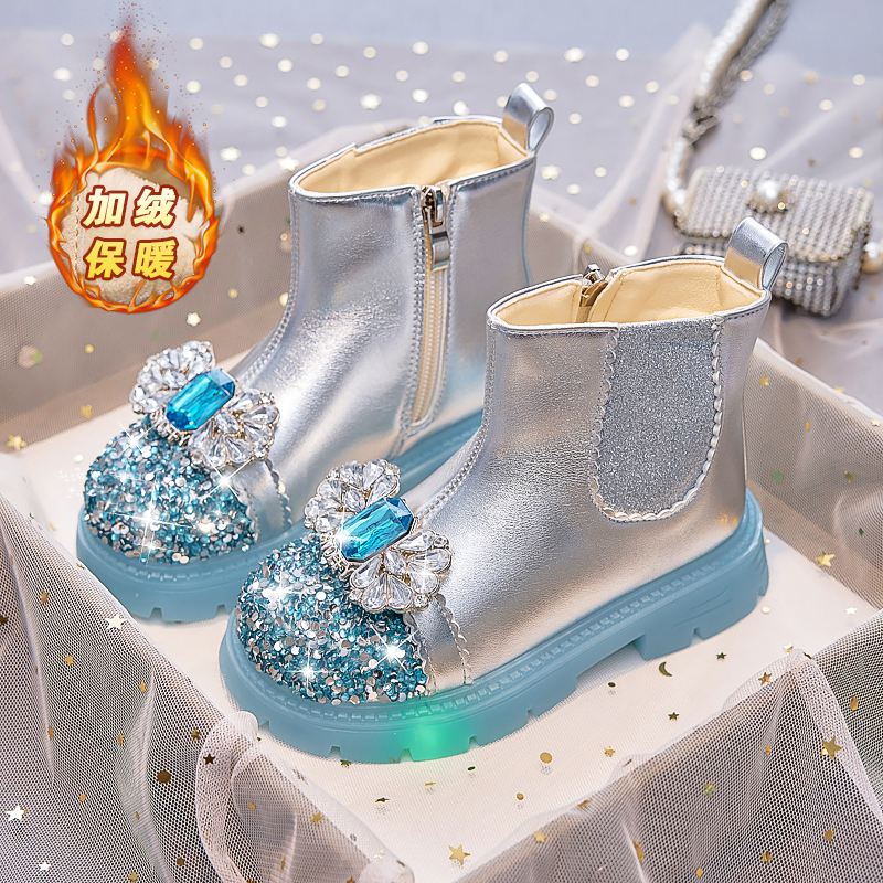 亮灯女童靴子2025冬季新款儿童棉靴加绒公主靴女孩短靴水晶发光鞋