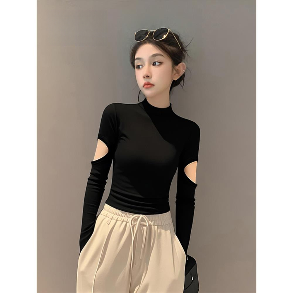 VOCKOO螺纹黑色半高领打底衫女秋冬内搭设计感长袖t恤针织紧身长