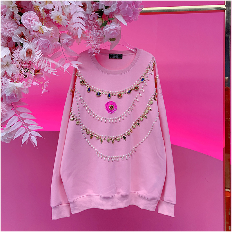 A4669欧美风设计师2025冬季新款重工刺绣钉钻宽松休闲加绒卫衣女