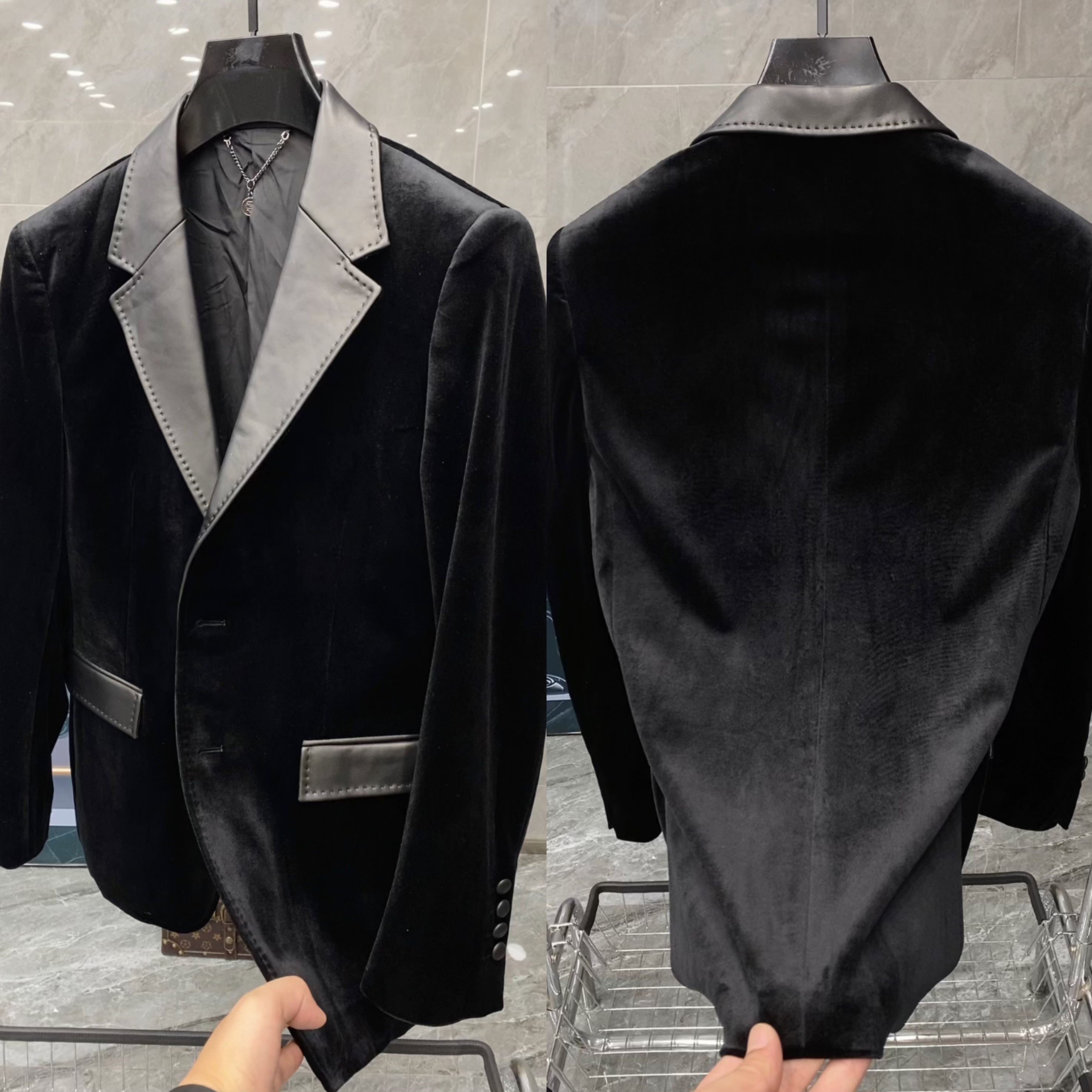 秋季新款男士轻奢简约时尚休闲丝绒拼绵羊皮西服上衣 8101