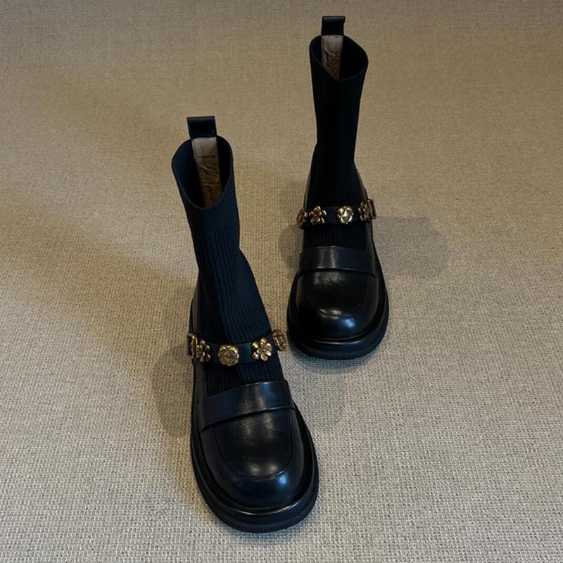 羊皮版短靴女新款秋季配裙子厚底弹力瘦瘦靴玛丽珍袜靴