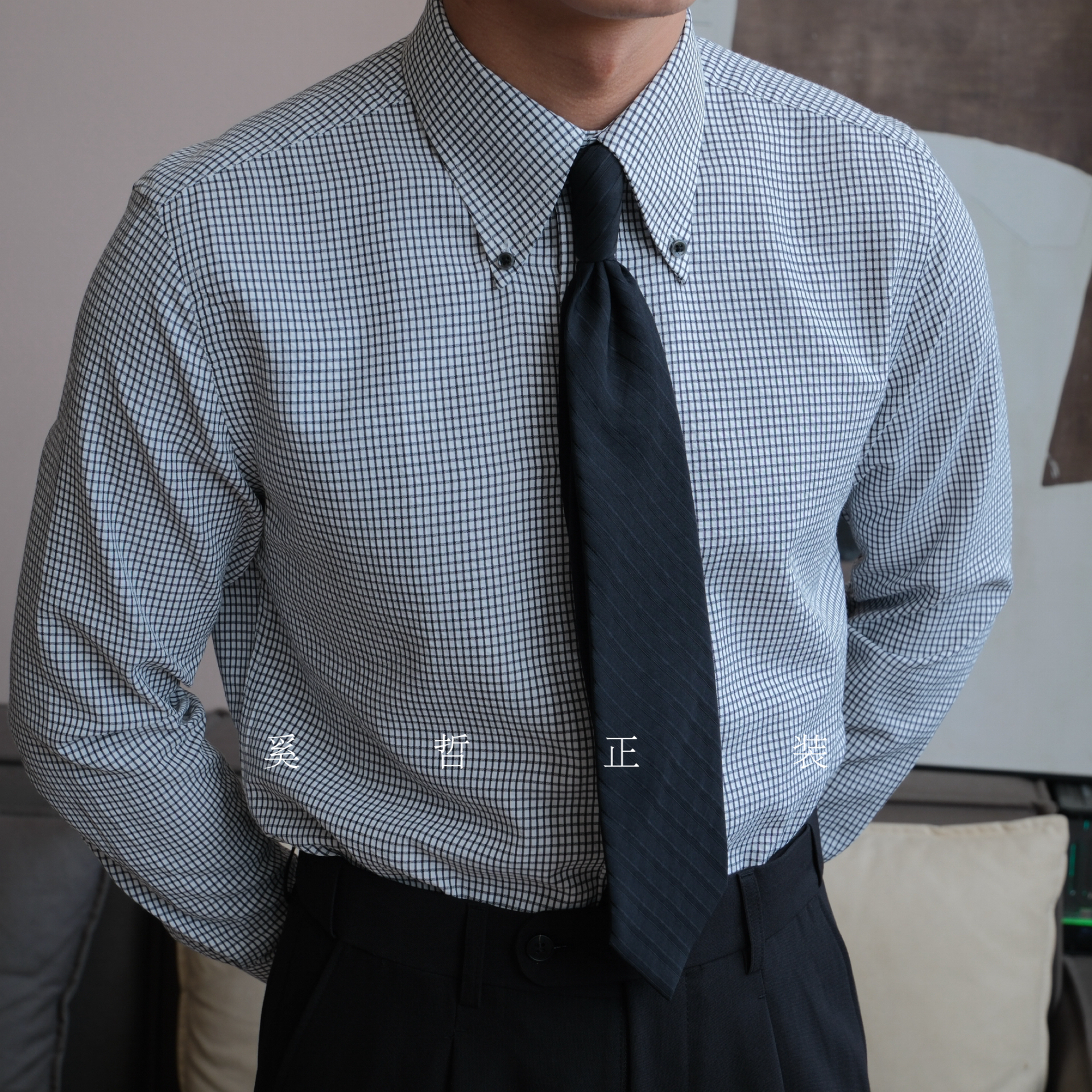 男士长袖泡泡纱格纹棉质混纺免烫尖领衬衫3401