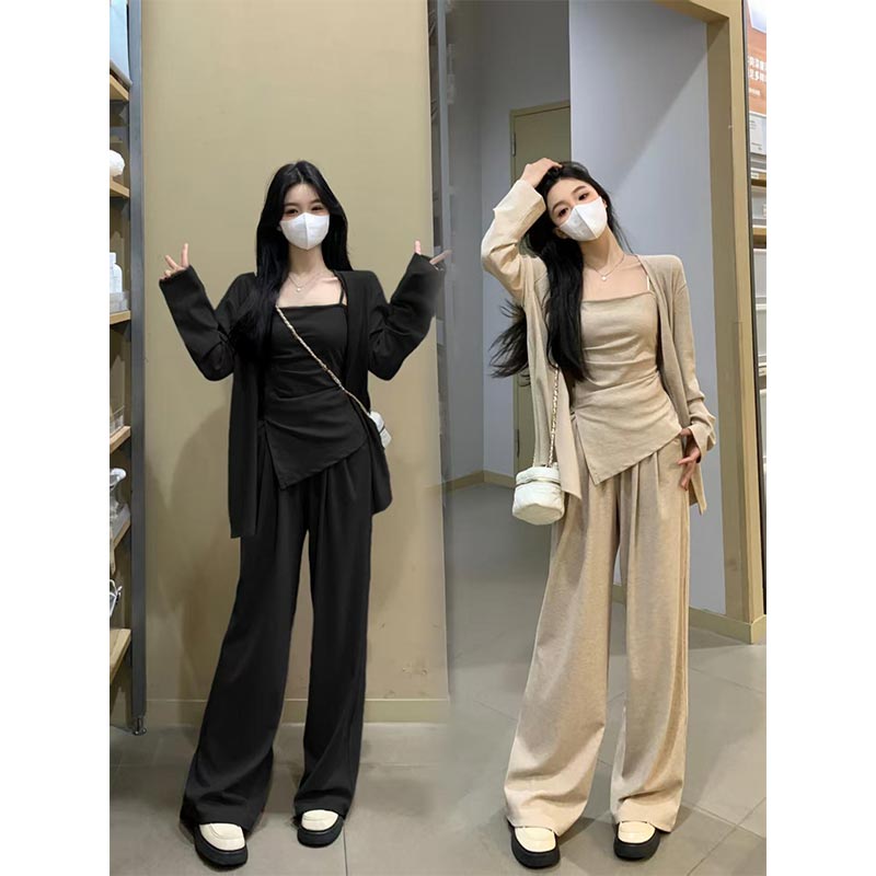 2025春秋韩版新款大码女装显瘦套装女吊带个性外套休闲长裤三件套